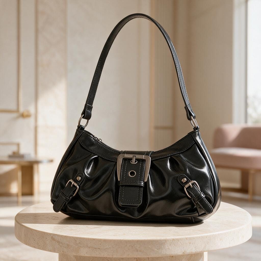 Black Buckle Shoulder Bag, Y2K Baguette Purse, Glossy Handbag, Retro Small Bag