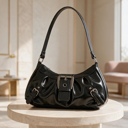 Black Buckle Shoulder Bag, Y2K Baguette Purse, Glossy Handbag, Retro Small Bag