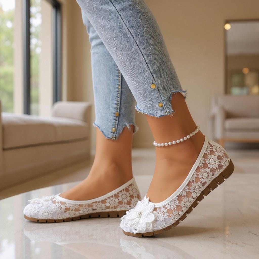 White Floral Lace Ballet Flats, Flower Applique Bridal Shoes, Comfortable Wedding Flats