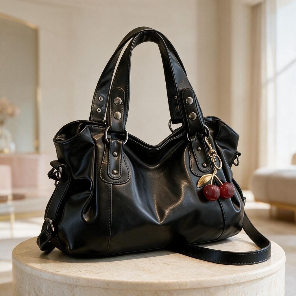 Black Hobo Shoulder Bag, Cherry Charm Purse, Slouchy Handbag, Large Everyday Bag