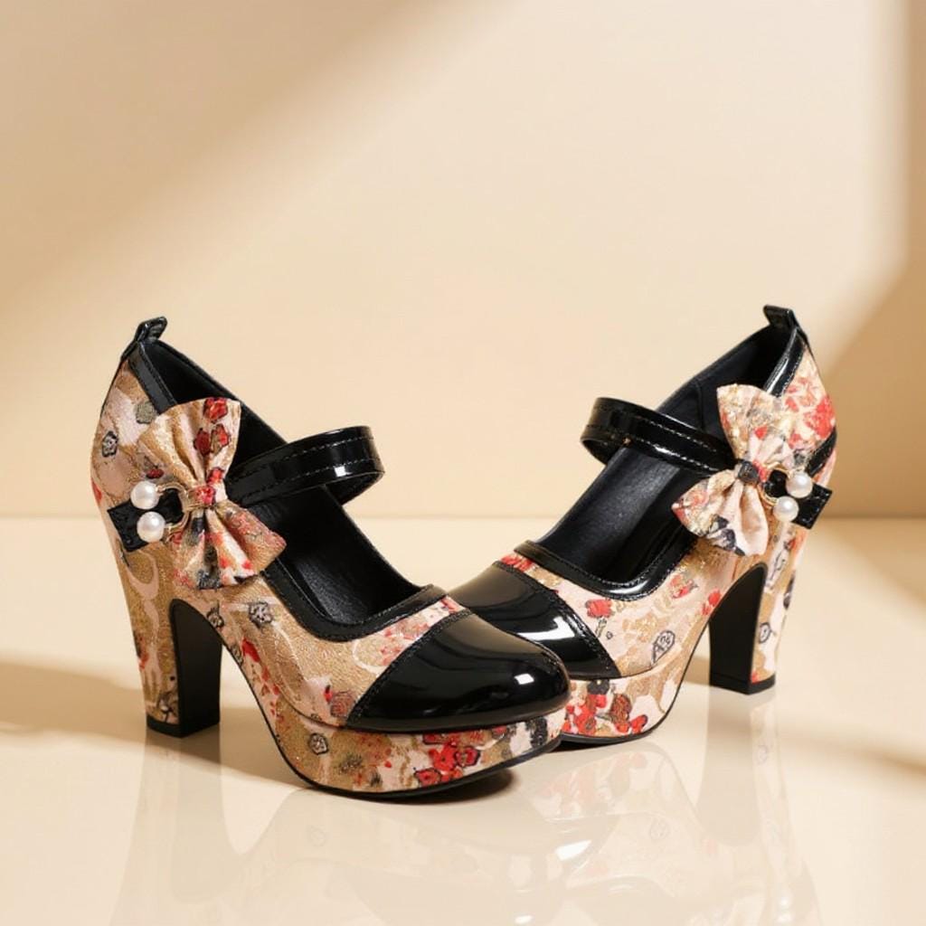 Floral Mary Jane Heels, Bow Platform Pumps, Black Patent Toe Shoes