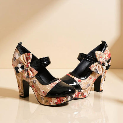 Floral Mary Jane Heels, Bow Platform Pumps, Black Patent Toe Shoes