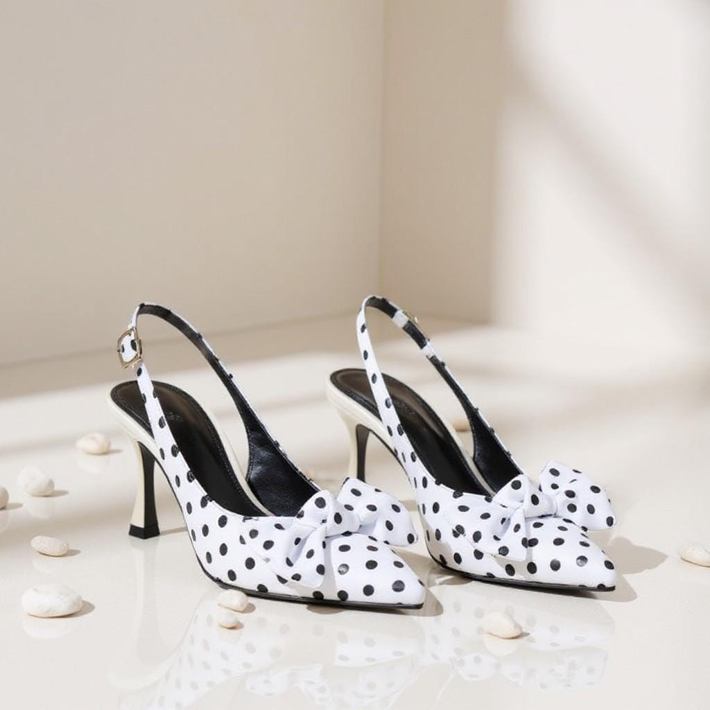 Polka Dot Heels, Black and White Bow Pumps, Women's Slingback Heels, Pointed Toe Pumps, Vintage Heels, Elegant Party Shoes, Statement Shoes