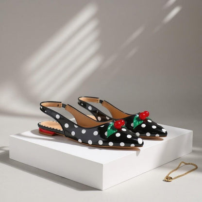 Black Cherry Slingback Flats, Polka Dot Shoes, Red Cherry Embellished Pointed Toe Flats, Retro Pin Up Shoes