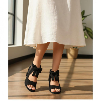 Black Bow Peep Toe Booties, High Block Heel Ankle Boots for Women,