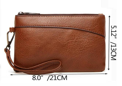 Brown Wristlet Clutch Bag, Leather Look Pouch Purse, Casual Brown Handbag, Zip Wristlet, Minimalist Everyday Clutch