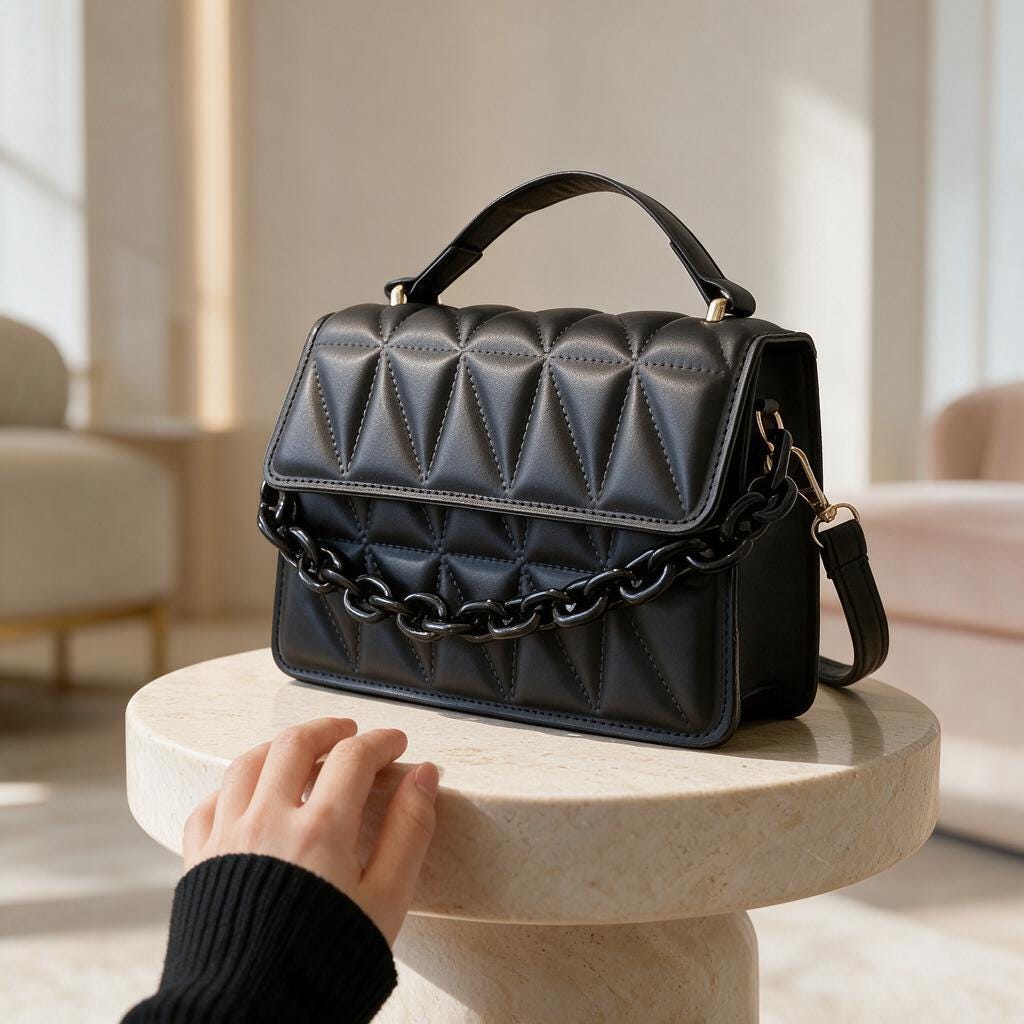 Black Quilted Handbag, Padded Flap Shoulder Bag, Chain Detail Purse, Top Handle Crossbody Bag, Elegant Womens Handbag