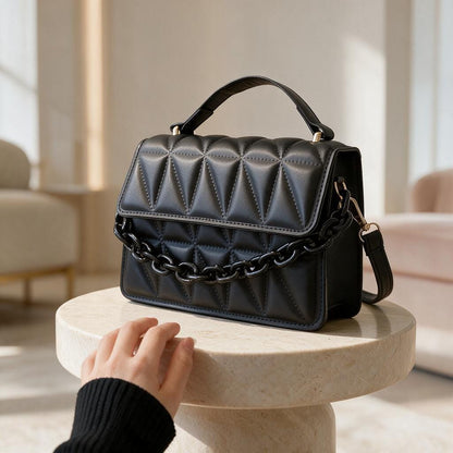 Black Quilted Handbag, Padded Flap Shoulder Bag, Chain Detail Purse, Top Handle Crossbody Bag, Elegant Womens Handbag