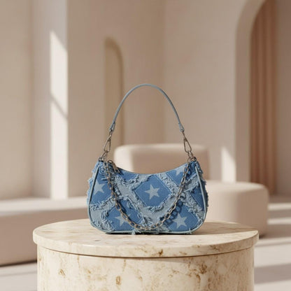 Blue Denim Star Shoulder Bag, Distressed Baguette Purse, Y2K Chain Handbag, Frayed Jean Bag, Women's Small Shoulder Bag
