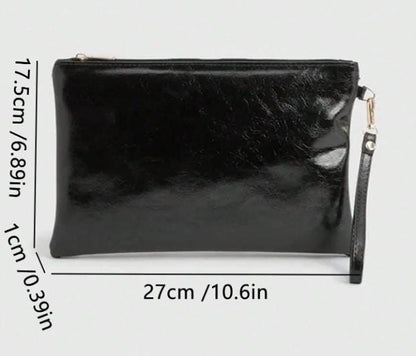 Black Oversized Clutch Bag, Glossy Evening Purse, Large Black Pouch Bag, Minimalist Handbag, Zip Top Night Out Clutch
