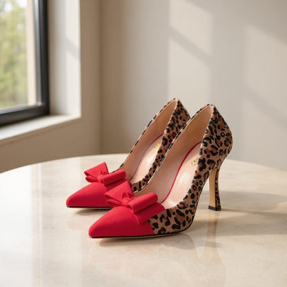 Leopard Print Red Bow Heels, Pointed Toe Pumps, Stiletto Shoes