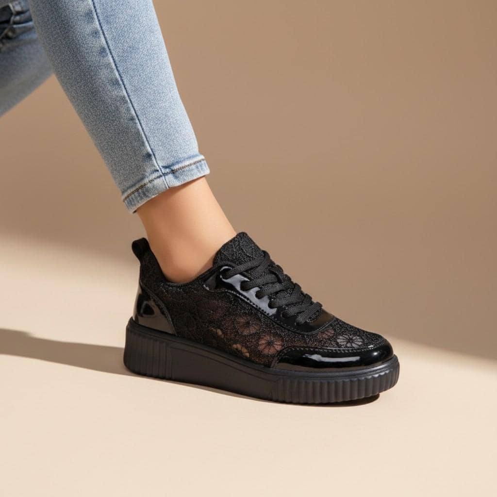 Black Lace Platform Sneakers, Women's Chunky Shoes, Lace Up Fashion Trainers