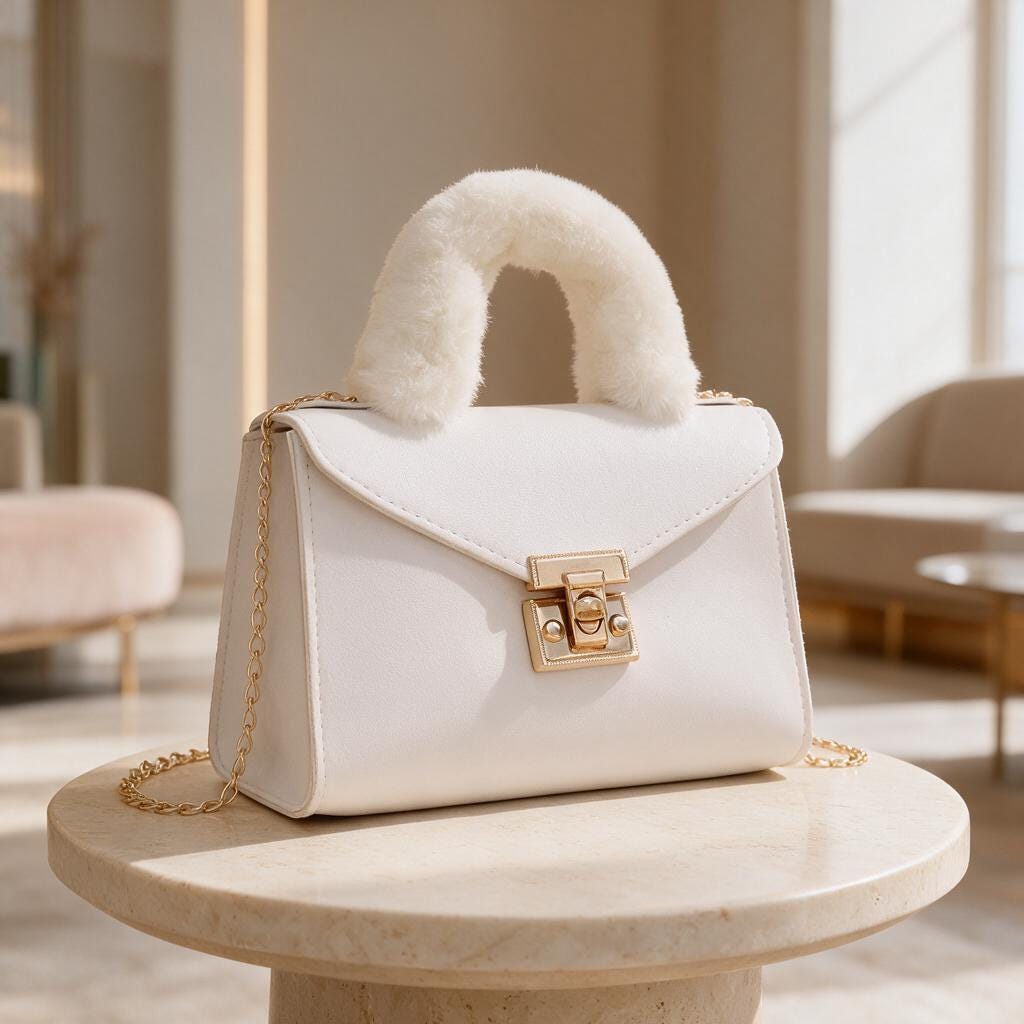 White Top Handle Bag, Faux Fur Handle Handbag, Ivory Purse, Structured Shoulder Bag, Chain Strap Bag, Elegant Handbag