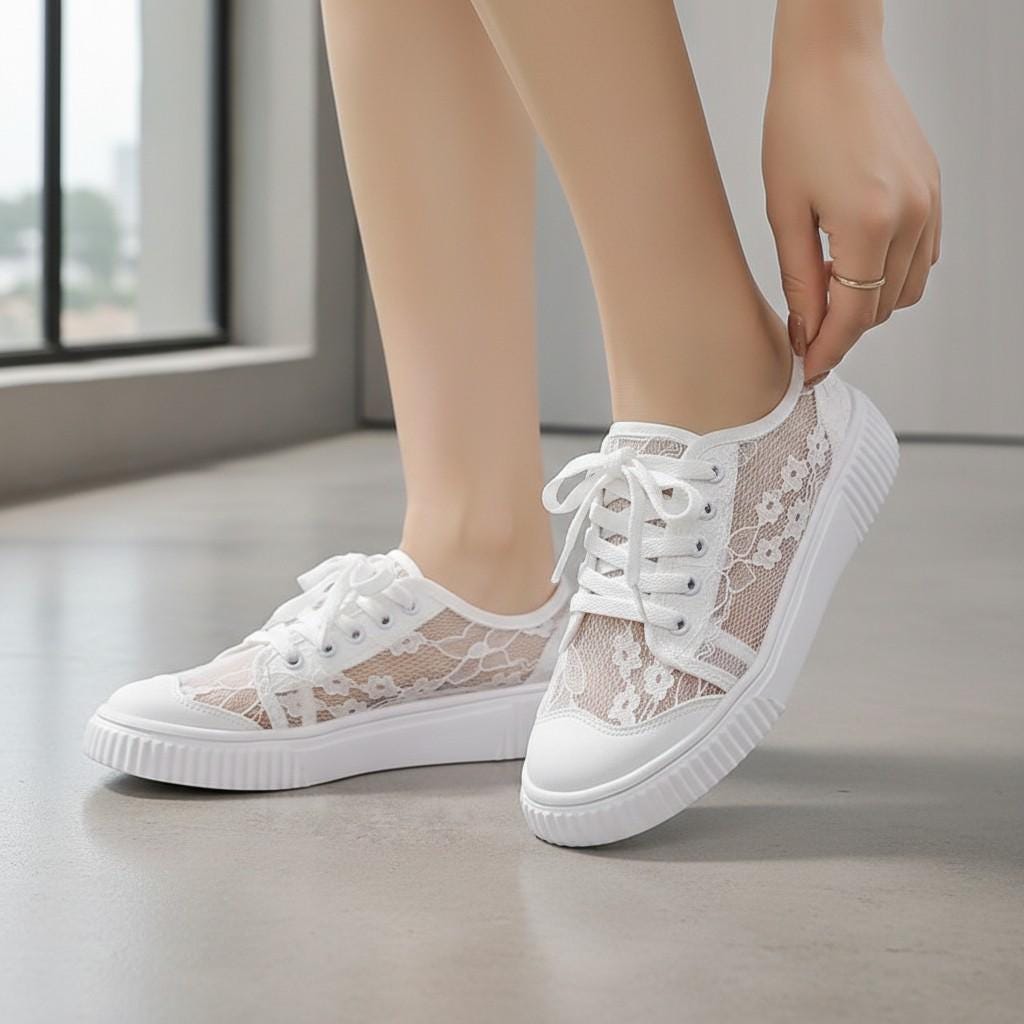 White Floral Lace Sneakers for Women, Romantic Low Top Shoes, Bridal Wedding Sneakers