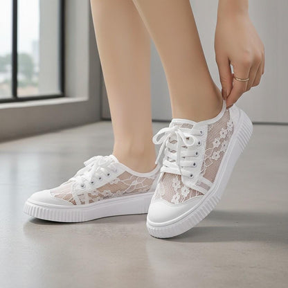 White Floral Lace Sneakers for Women, Romantic Low Top Shoes, Bridal Wedding Sneakers