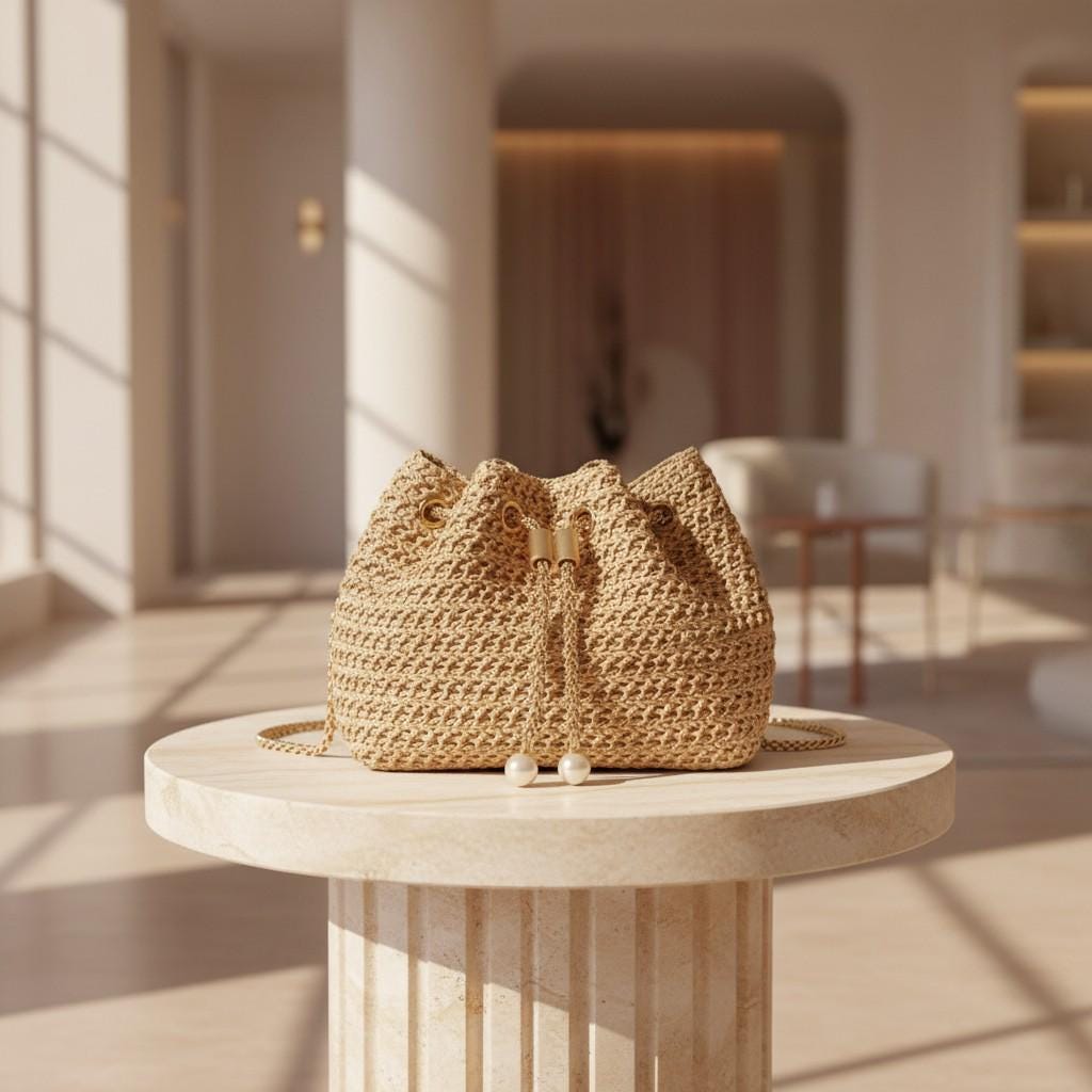 Woven Straw Bucket Bag for Women, Natural Boho Shoulder Bag, Summer Beach Purse, Drawstring Vacation Handbag