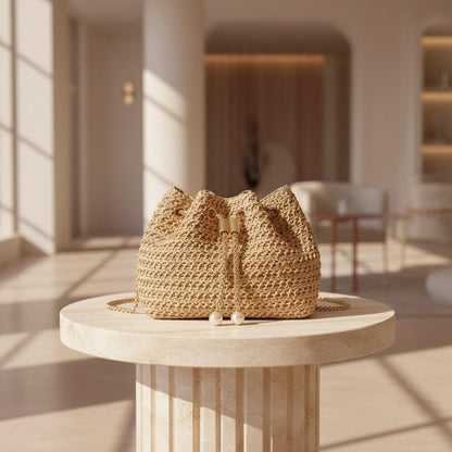 Woven Straw Bucket Bag for Women, Natural Boho Shoulder Bag, Summer Beach Purse, Drawstring Vacation Handbag