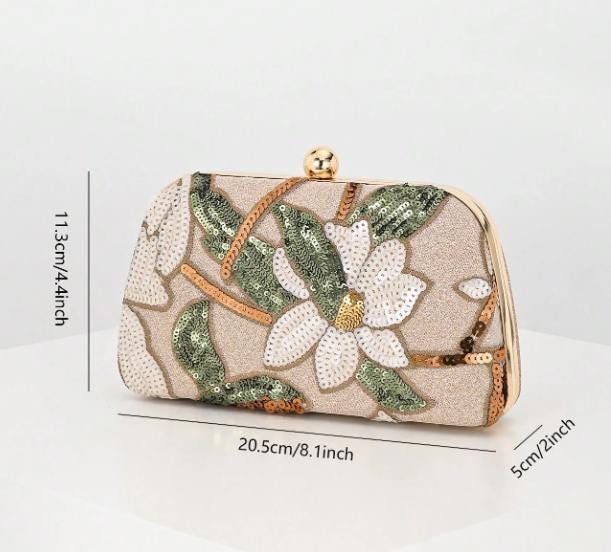 Floral Sequin Clutch Bag, Beaded Evening Purse, Embroidered Flower Handbag, Gold Chain Wedding Guest Bag, Elegant Party Clutch