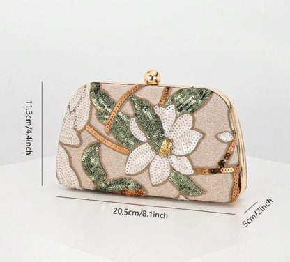 Floral Sequin Clutch Bag, Beaded Evening Purse, Embroidered Flower Handbag, Gold Chain Wedding Guest Bag, Elegant Party Clutch