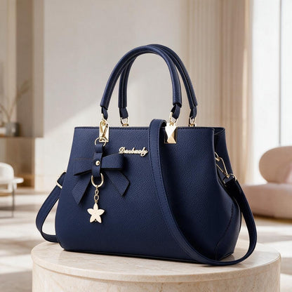 Navy Blue Bow Handbag, Structured Top Handle Purse, Elegant Shoulder Bag, Matching Wallet Set, Womens Blue Handbag