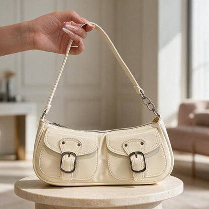 Cream Buckle Shoulder Bag, Y2K Double Pocket Purse, Ivory Baguette Handbag, Retro 90s Bag
