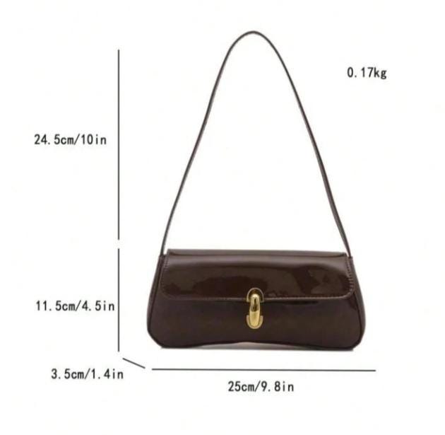 Brown Baguette Shoulder Bag, Glossy Brown Handbag, Gold Clasp Purse, Y2K Underarm Bag, Minimalist Everyday Shoulder Bag