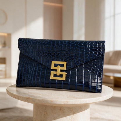 Navy Blue Croc Embossed Clutch, Royal Blue Envelope Purse, Gold Clasp Evening Bag, Elegant Flap Handbag, Wedding Guest Purse