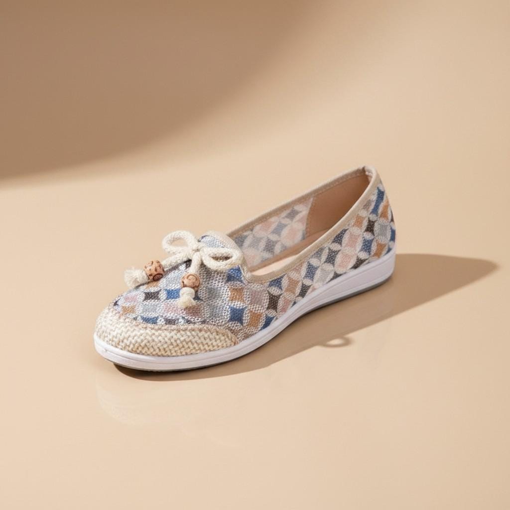 Woven Slip On Flats for Women, Geometric Floral Shoes, Casual Summer Loafers with Bow