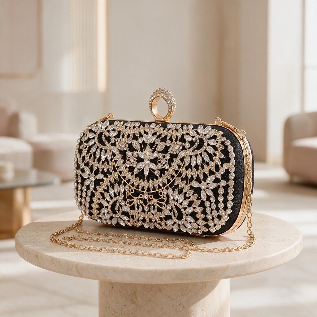 Black Crystal Clutch Bag, Rhinestone Evening Purse, Floral Bridal Bag, Wedding Clutch with Gold Chain, Sparkly Formal Bag
