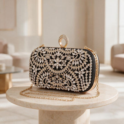 Black Crystal Clutch Bag, Rhinestone Evening Purse, Floral Bridal Bag, Wedding Clutch with Gold Chain, Sparkly Formal Bag