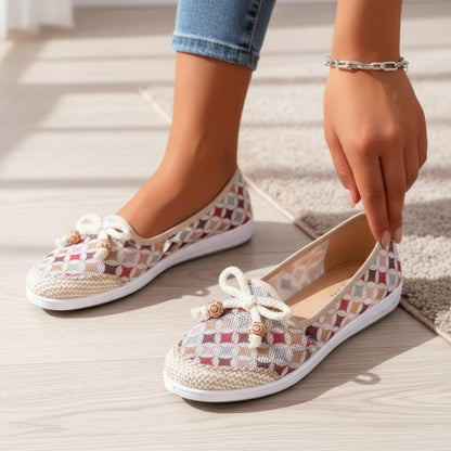 Woven Bow Ballet Flats for Women, Pink Beige Patterned Shoes, Casual Slip On Flats