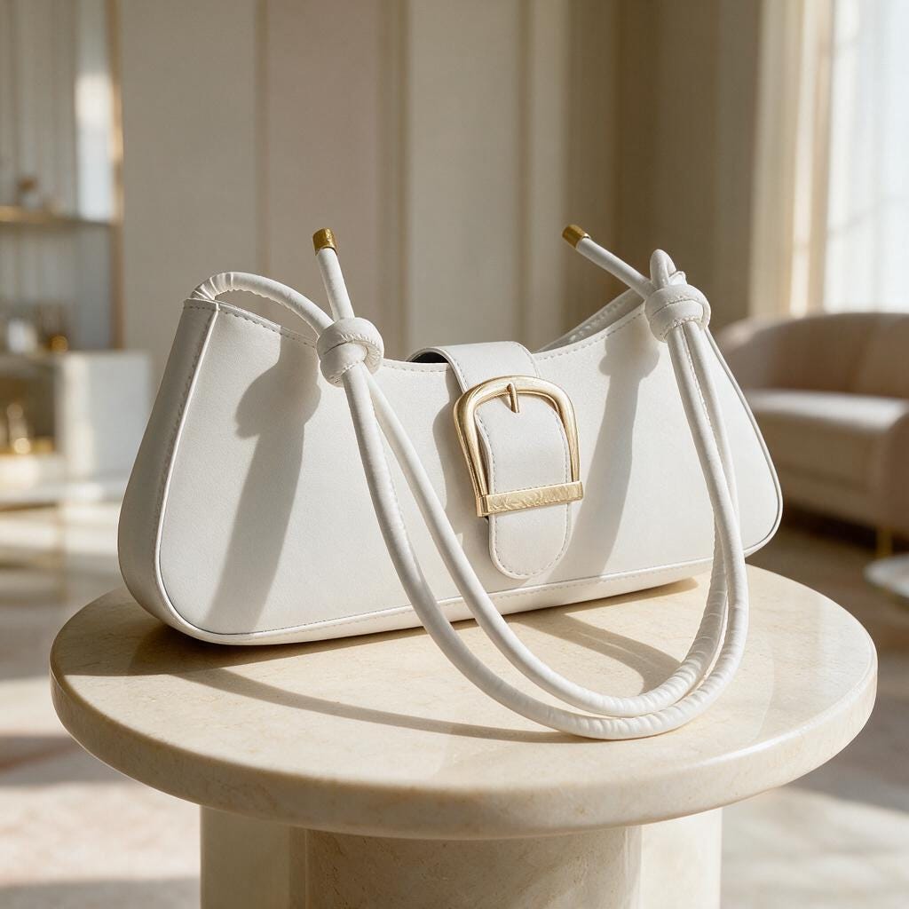 White Shoulder Bag, Baguette Purse, Buckle Detail Handbag, Minimalist Underarm Bag, Elegant Everyday Purse, Women's White Bag