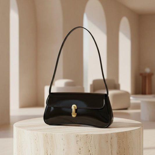 Black Glossy Shoulder Bag, Baguette Purse, Gold Clasp Handbag, Y2K Underarm Bag, Minimalist Everyday Purse
