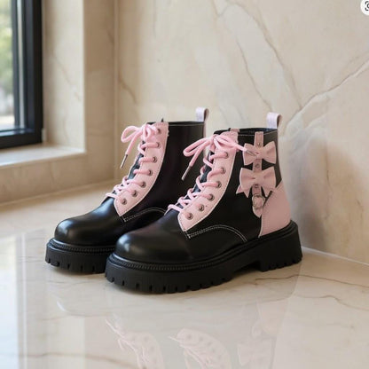Pink Bow Ankle Boots, Black Lace Up Platform Boots, Chunky Lug Sole Shoes