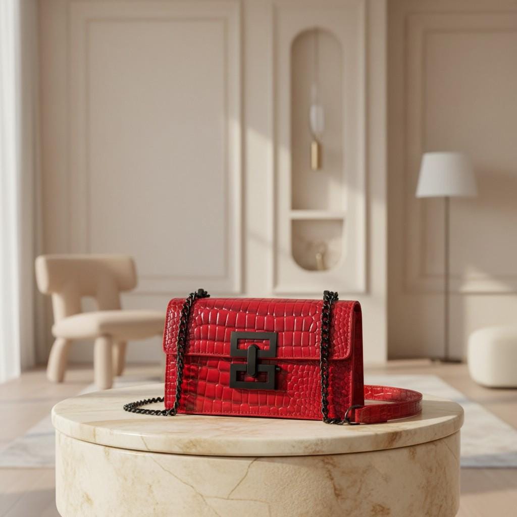 Red Croc Embossed Shoulder Bag, Women's Chain Strap Purse, Flap Crossbody Bag, Statement Evening Handbag