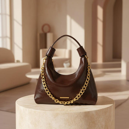 Brown Hobo Bag, Women's Shoulder Purse, Glossy Slouchy Handbag, Gold Chain Bag, Crescent Everyday Shoulder Bag