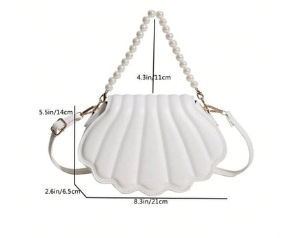 White Shell Shoulder Bag, Pearl Beaded Purse, Quilted Crossbody Bag, Seashell Handbag, Elegant Summer Bag