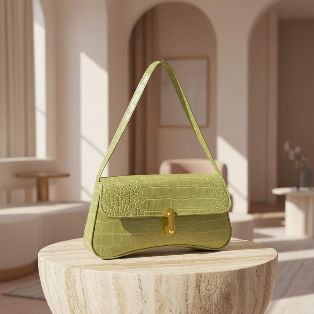 Lime Green Croc Shoulder Bag, Embossed Flap Handbag, Green Baguette Purse, Gold Clasp Y2K Bag, Trendy Underarm Purse