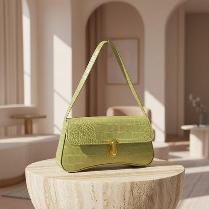 Lime Green Croc Shoulder Bag, Embossed Flap Handbag, Green Baguette Purse, Gold Clasp Y2K Bag, Trendy Underarm Purse