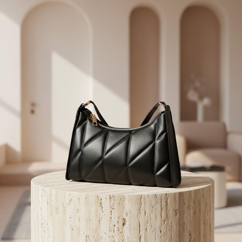 Black Quilted Shoulder Bag, Geometric Padded Purse, Y2K Handbag, Structured Black Baguette Bag, Minimalist Women's Bag