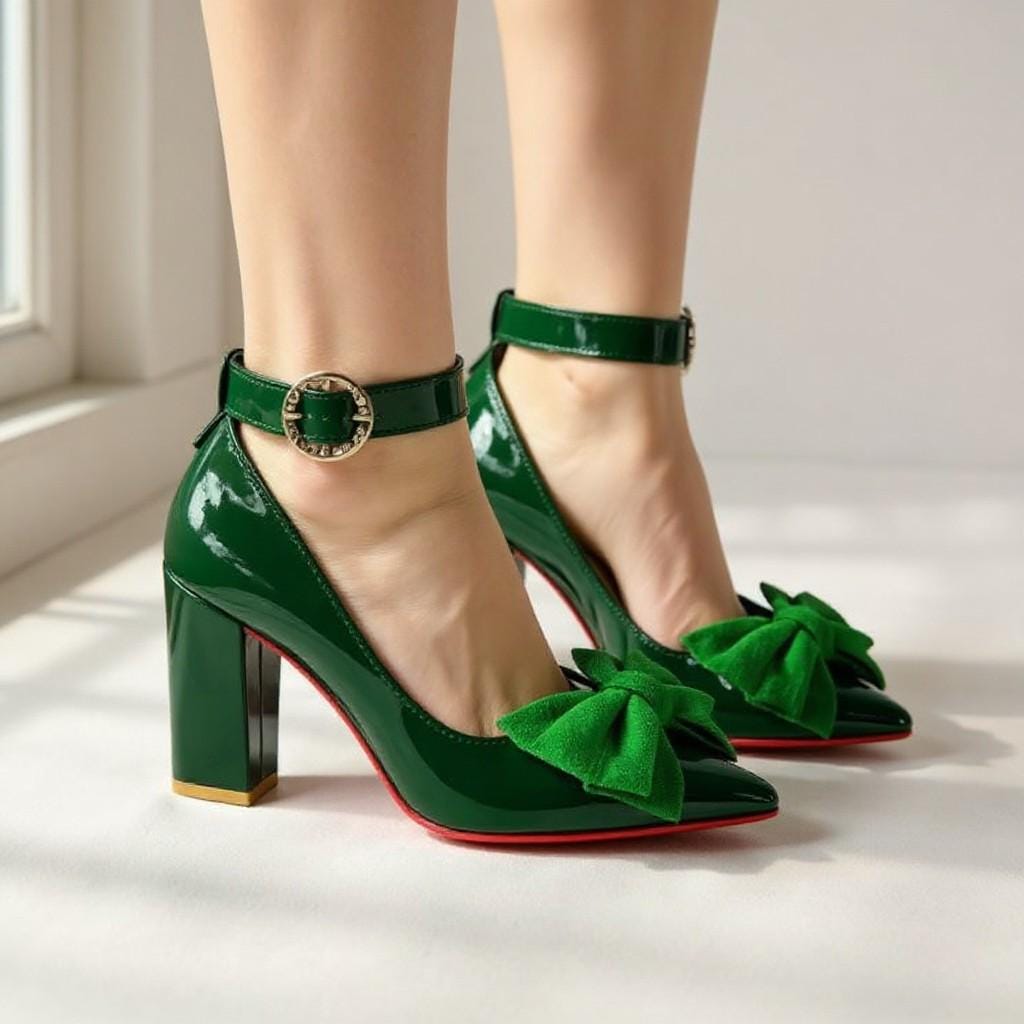 Green Bow Heels, Emerald Pointed Toe Pumps, Ankle Strap Stiletto Shoes