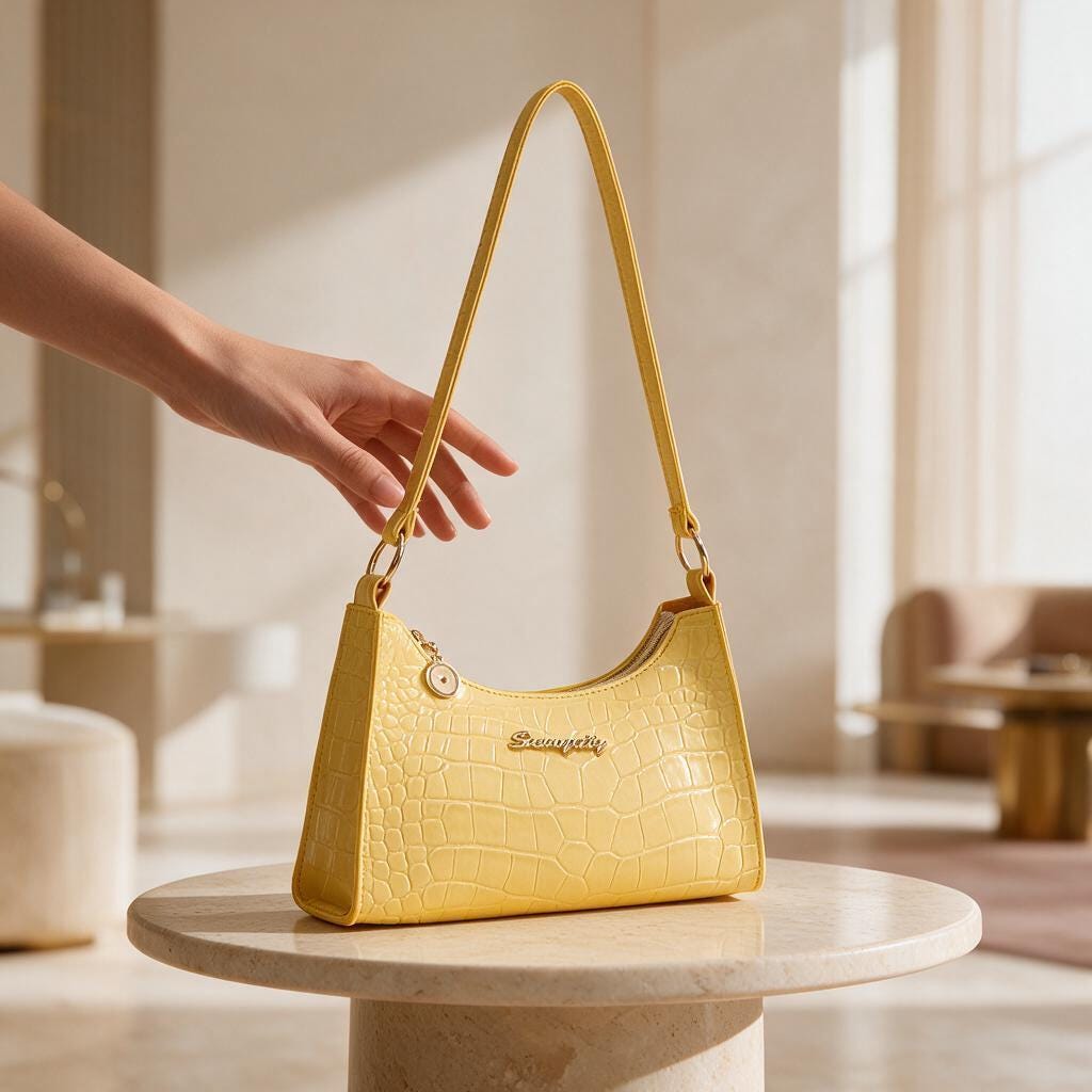 Yellow Croc Embossed Shoulder Bag, Y2K Baguette Purse, Glossy Yellow Handbag, Mini Underarm Bag, Crocodile Effect Purse