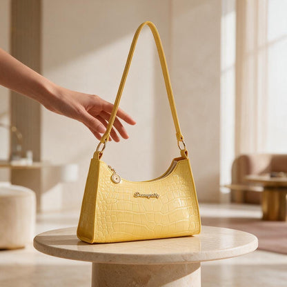 Yellow Croc Embossed Shoulder Bag, Y2K Baguette Purse, Glossy Yellow Handbag, Mini Underarm Bag, Crocodile Effect Purse