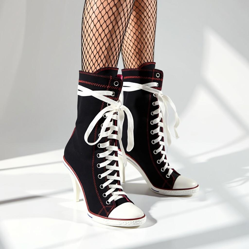 Black High Heel Sneaker Boots, Lace Up High Top Shoes, Stiletto Canvas Ankle Boots, Women's Statement Footwear