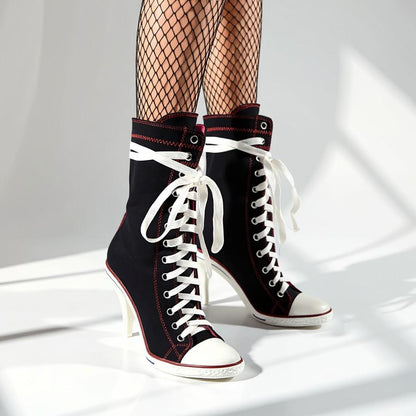 Black High Heel Sneaker Boots, Lace Up High Top Shoes, Stiletto Canvas Ankle Boots, Women's Statement Footwear