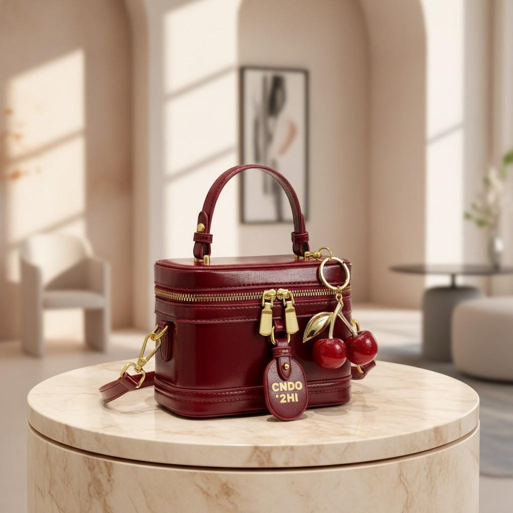 Burgundy Shoulder Bag, Women's Top Handle Crossbody Purse, Double Zip Handbag, Cherry Charm Bag, Structured Box Bag