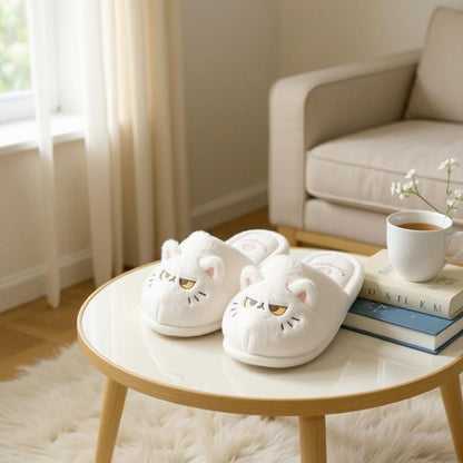 Grumpy Cat Slippers, White Plush Cat Slides, Cute Fuzzy House Shoes