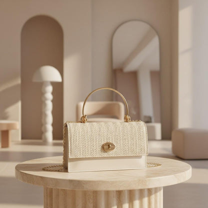 White Woven Shoulder Bag, Ivory Textured Handbag, Top Handle Purse, Chain Strap Flap Bag, Elegant Everyday Bag