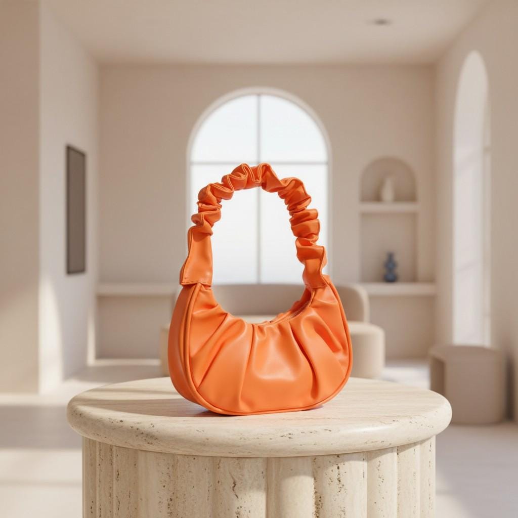 Orange Ruched Shoulder Bag, Gathered Hobo Purse, Scrunchie Handle Handbag, Y2K Underarm Bag, Trendy Everyday Purse