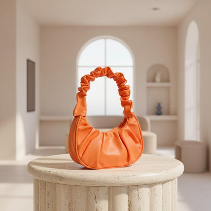 Orange Ruched Shoulder Bag, Gathered Hobo Purse, Scrunchie Handle Handbag, Y2K Underarm Bag, Trendy Everyday Purse